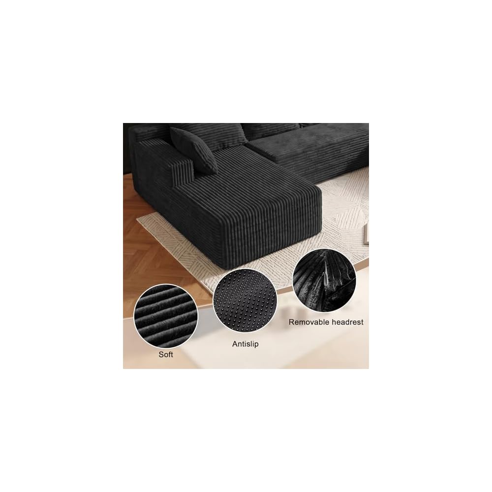 134'' U Shaped Modular Section Sofa with Chaise,Comfy Cloud Couch with Removable Headrest,6-Seater Oversized Boneless Sofa with Deep Seat for Living Room Bedroom,No Assembly Required,Black