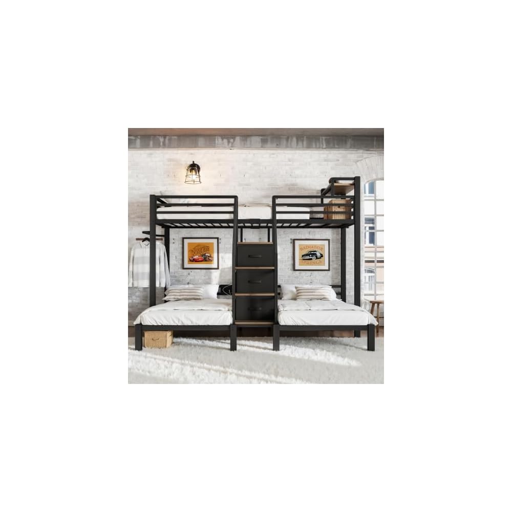 Bellemave Twin Triple Bunk Bed for 3 with Storage Stair and Drawers, Black