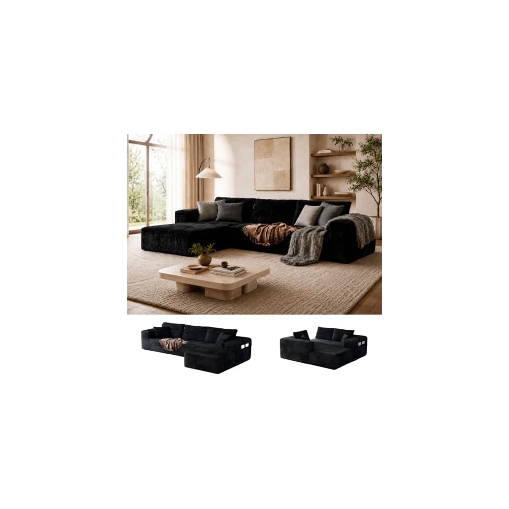 Boneless Sectional for Living Room Black L-Shape Couch in Box Sofa Memory
