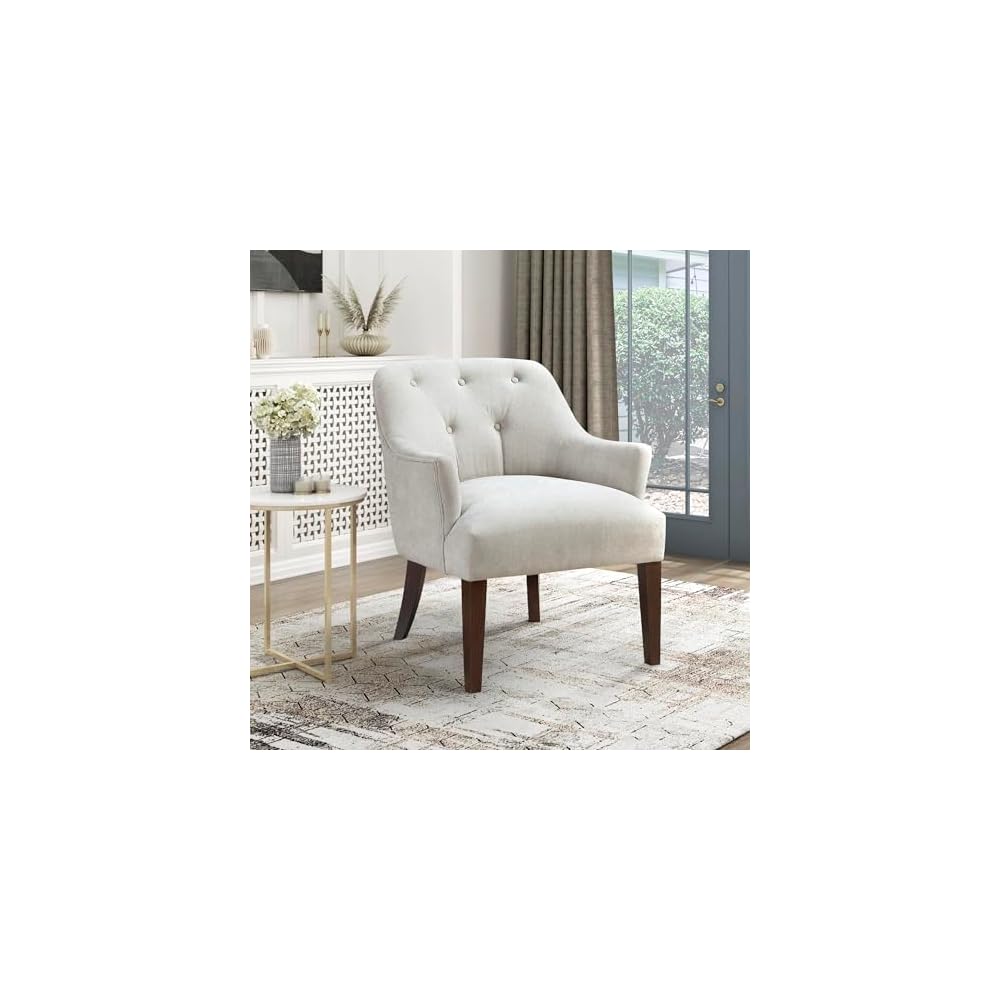 Lexicon Modern Accent Chair, Textured Fabric Upholstered Arm Chair with Button Tufted Back, Sloped Flared Arms and Wooden Legs for Living Room/Bedroom, Oyster