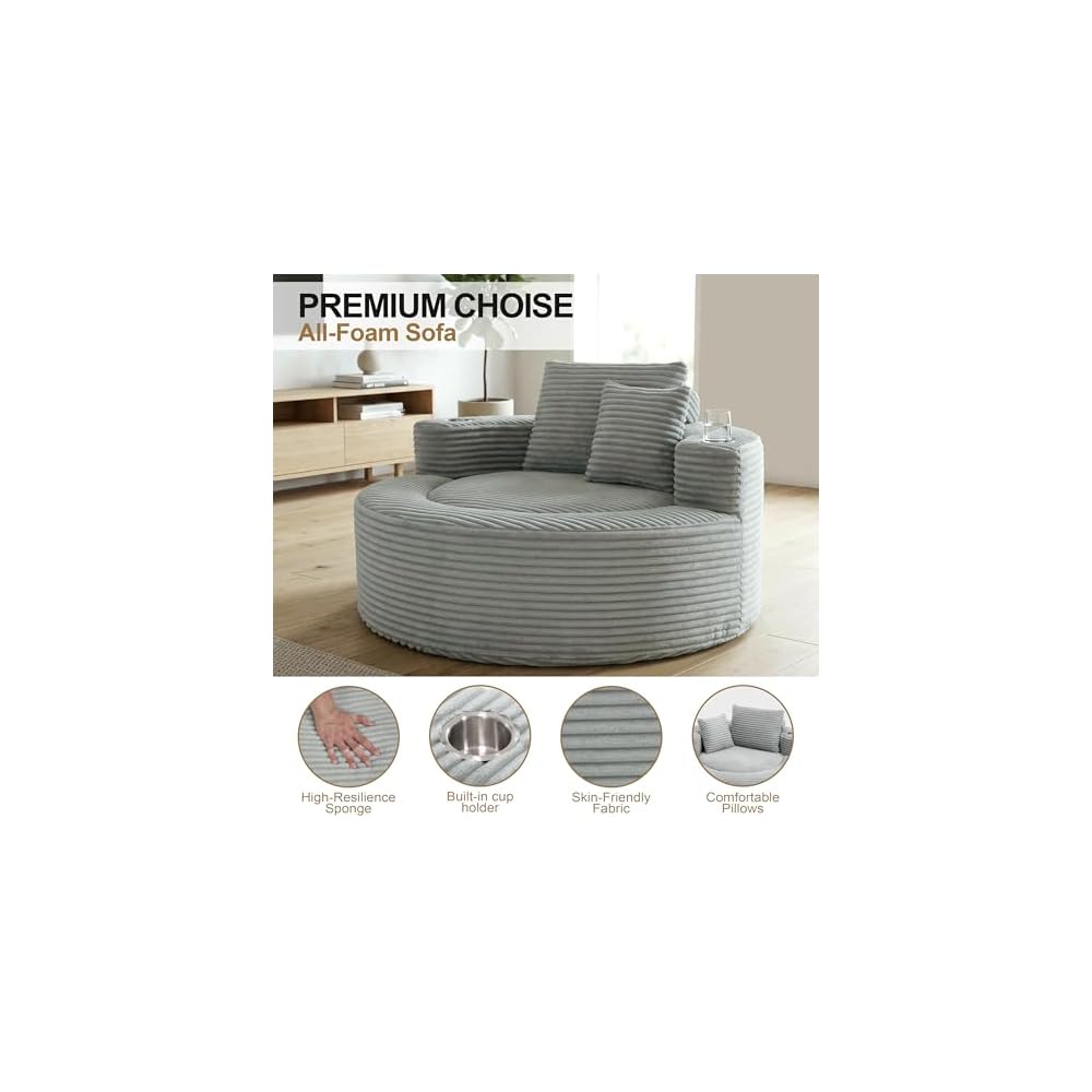 PELUMY Oversized Round Chaise Lounge Chair Indoor, Corduroy Memory Foam Deep Seat Sofa Chair with Cup Holders, Single Large Circle Cloud Sleeper Sofa for Reading, Living Room, Bedroom (Light Gray)