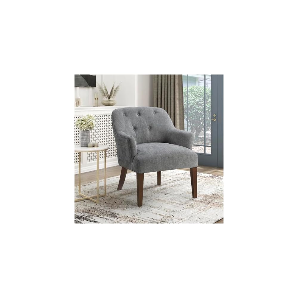 Lexicon Modern Accent Chair, Textured Fabric Upholstered Arm Chair with Button Tufted Back, Sloped Flared Arms and Wooden Legs for Living Room/Bedroom, Oyster