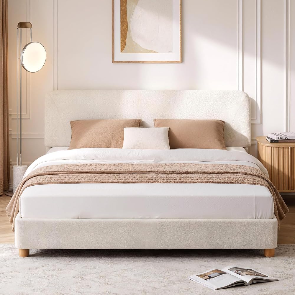 Queen Cloud Bed Frame, Wood Boucle Upholstered Platform Bed, Cream White