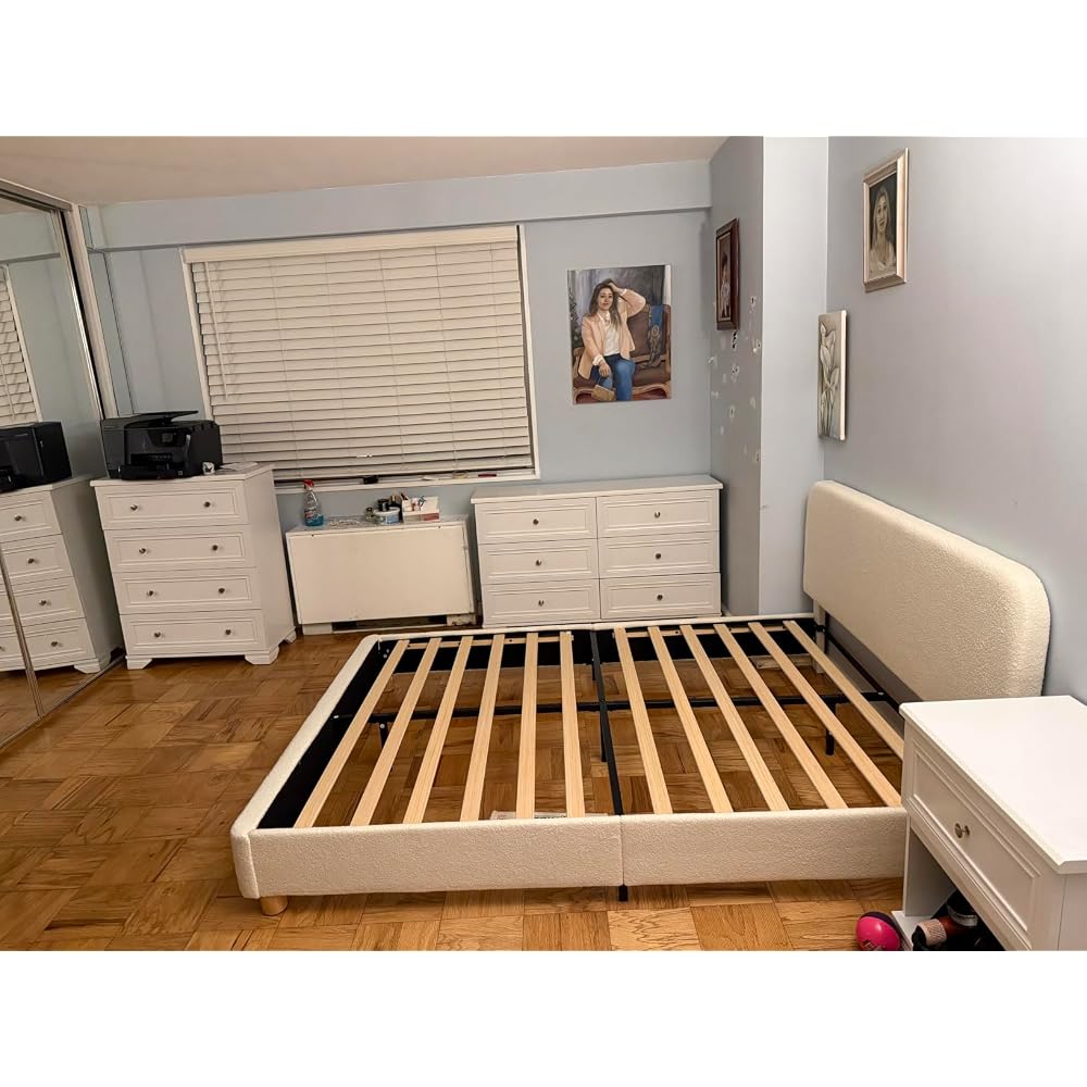 Queen Cloud Bed Frame, Wood Boucle Upholstered Platform Bed, Cream White