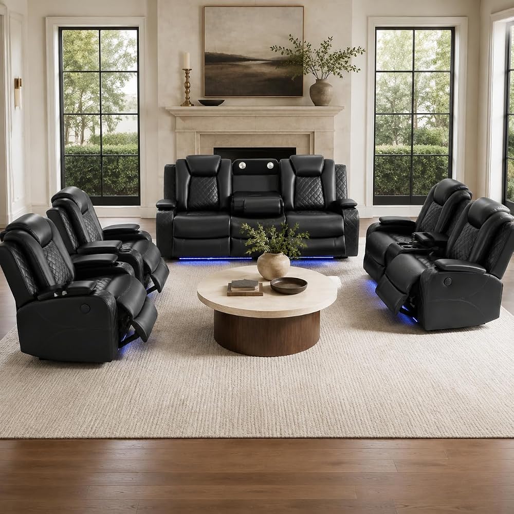 4 piece Power Recliner Sofa Set, Leather Living Room Furniture Set with USB Ports, LED Lights, Modern Ergonomic Sectional Couch, for Living Room, Home Theater (Loveseat+Sofa+2Chair, Black)