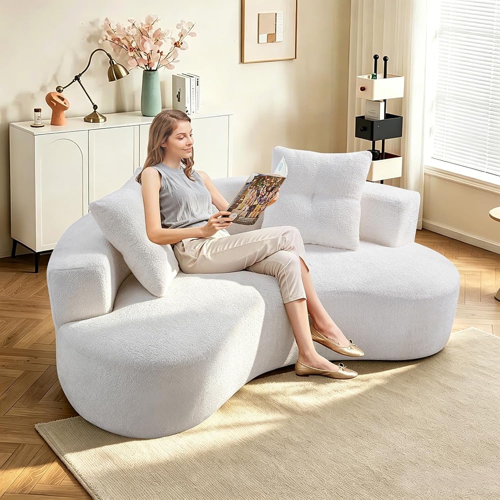 80" Curved Sofa Couches for Living Room, Modern Oversized Boneless Couch, Comfy Boucle Cloud Modular Round Sofa with Deep Seat / 4 Throw Pillows for Apartment, No Assembly Needed, Cream