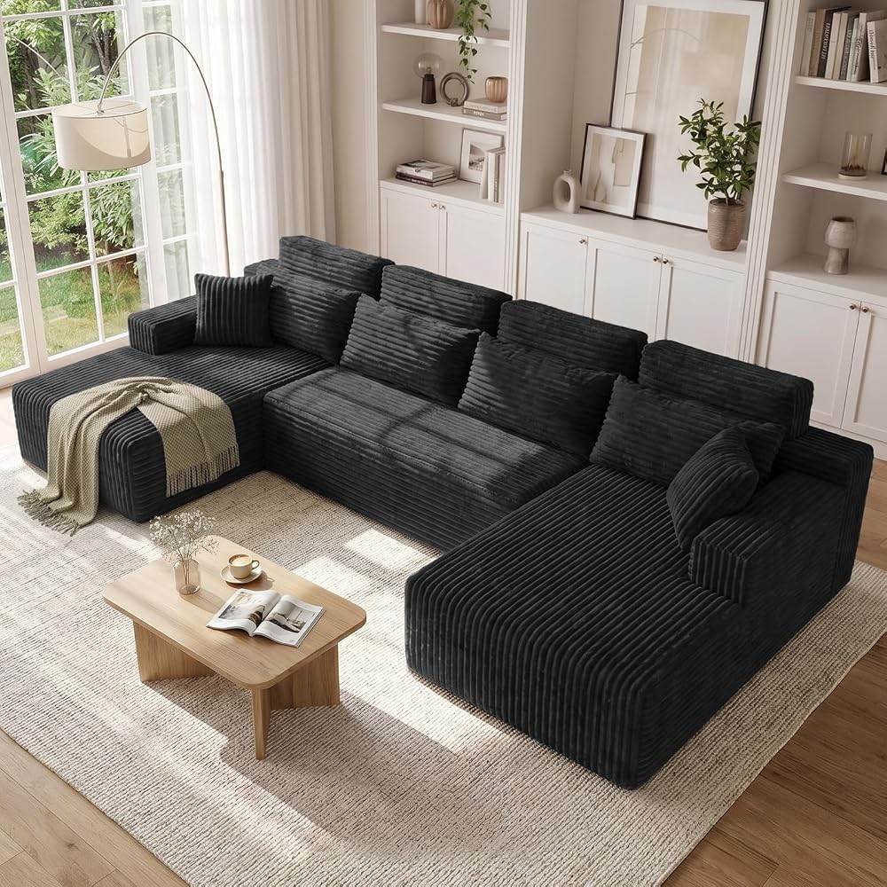 134'' U Shaped Modular Section Sofa with Chaise,Comfy Cloud Couch with Removable Headrest,6-Seater Oversized Boneless Sofa with Deep Seat for Living Room Bedroom,No Assembly Required,Black