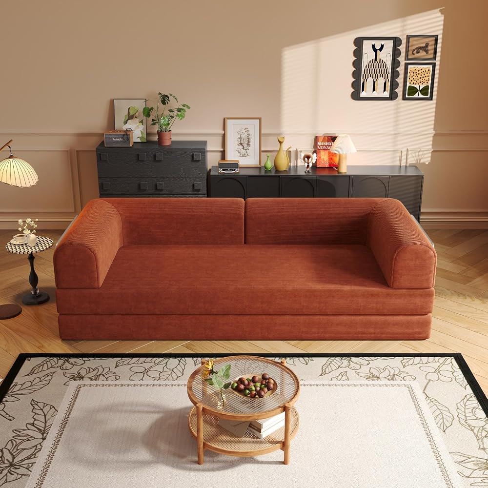 SYFERLORY Versatile 2 in1 Oversized Loveseat 3-Seater Corduroy Couch Convertible Sofa Bed Boneless Chaise Lounge Chair Indoor Floor Sofa Modular Couch for Living Room Basement Theater Room