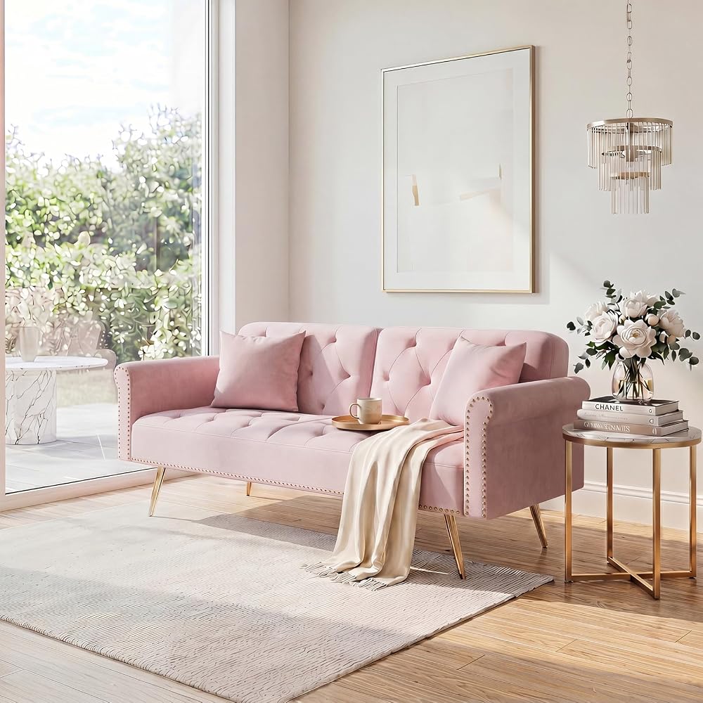 KEIKI 69.7" Convertible Sofa Bed with Two Throw Pillows, Upholstered 2 Seater Velvet Couch Featuring Nail Head Trim Living Room Bedroom Office Apartment, Pink