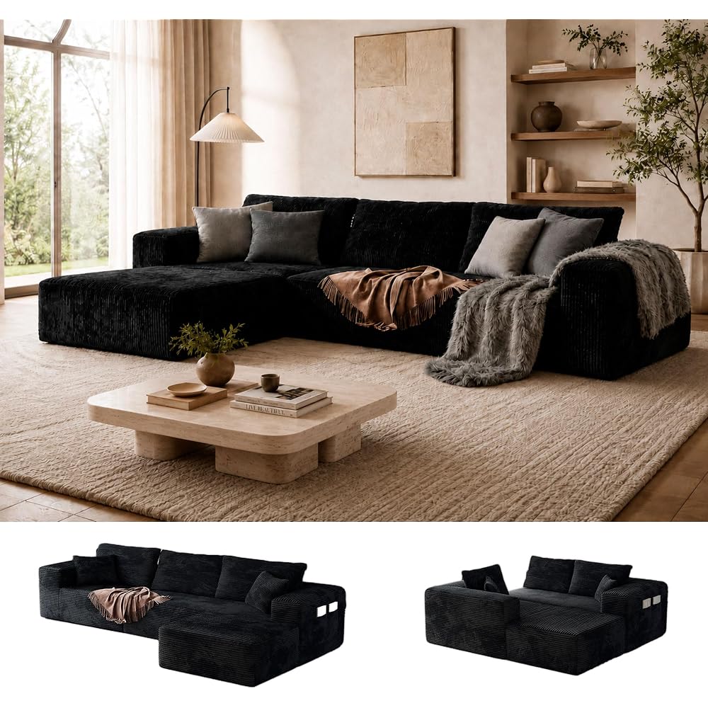 Boneless Sectional for Living Room Black L-Shape Couch in Box Sofa Memory