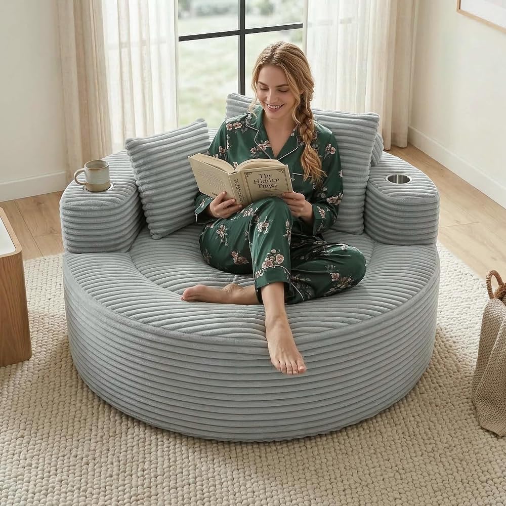 PELUMY Oversized Round Chaise Lounge Chair Indoor, Corduroy Memory Foam Deep Seat Sofa Chair with Cup Holders, Single Large Circle Cloud Sleeper Sofa for Reading, Living Room, Bedroom (Light Gray)