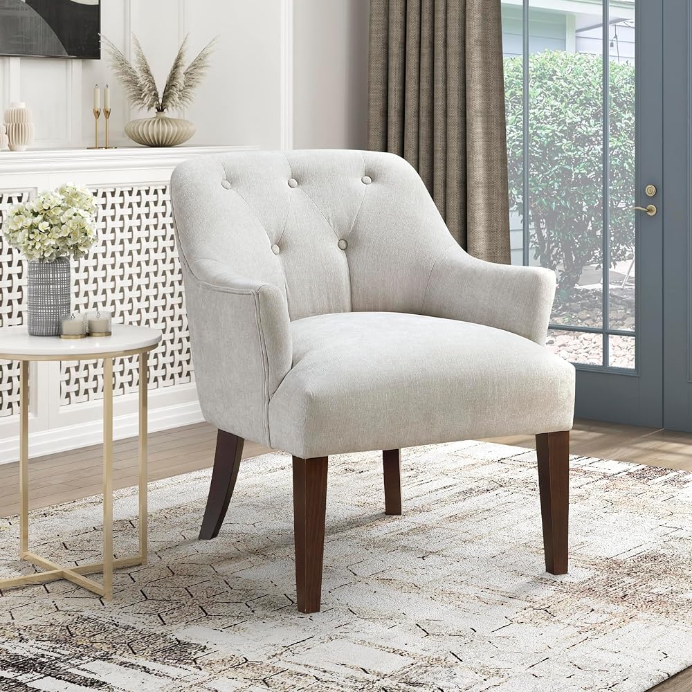 Lexicon Modern Accent Chair, Textured Fabric Upholstered Arm Chair with Button Tufted Back, Sloped Flared Arms and Wooden Legs for Living Room/Bedroom, Oyster